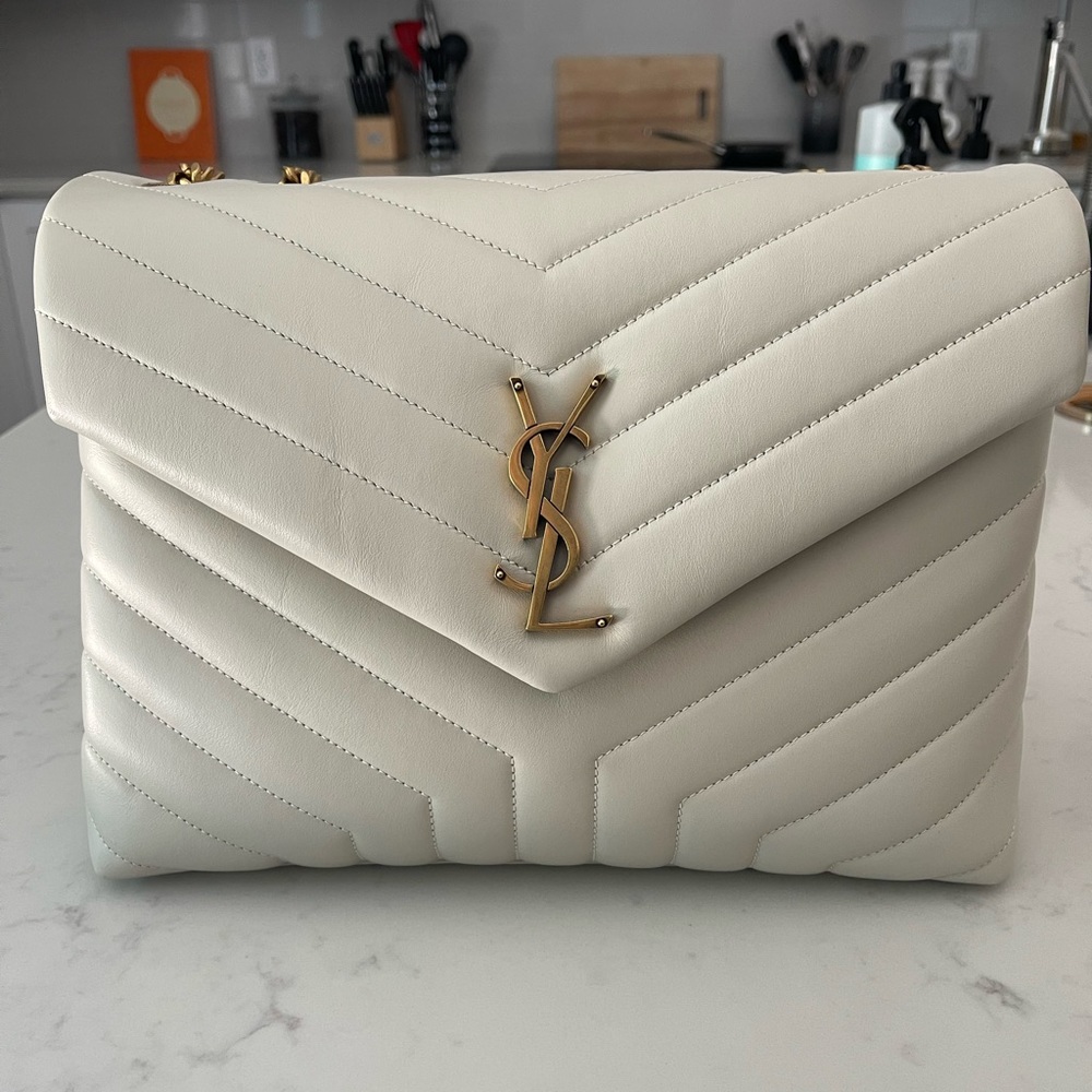 Saint Laurent White Quilted Monogram Shoulder Bag with Gold Hardware